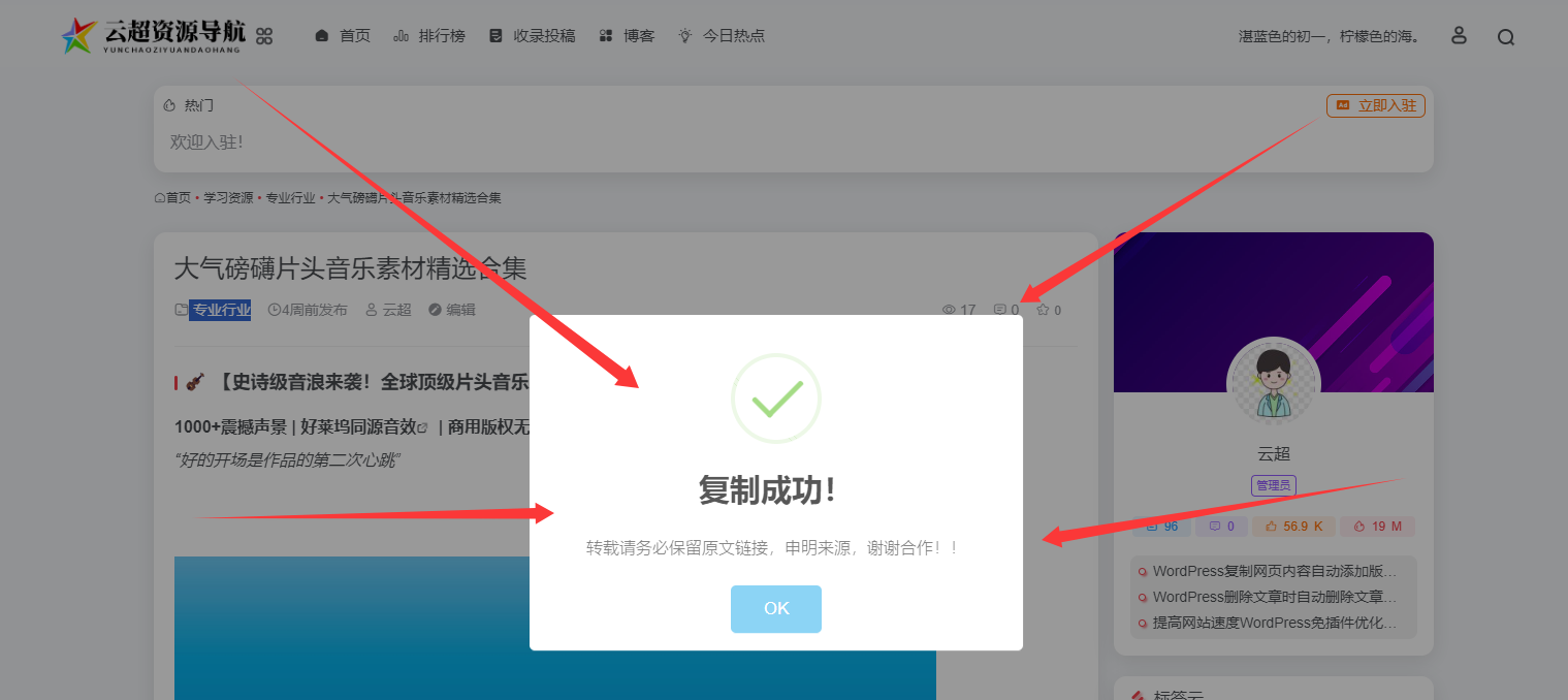 WordPress复制文章时弹出版权提示框